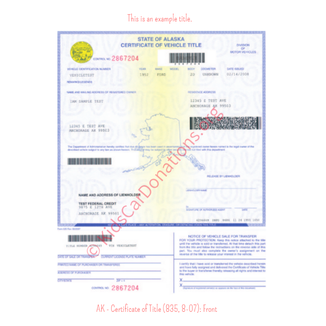 Alaska Certificate of Title (835, 8-07): Front | Kids Car Donations